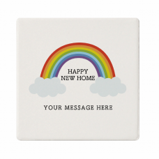 虹のイラストと引越し祝いのメッセージ入りコースターをオリジナルでプリント　引越し祝いのテンプレート　白雲石吸水コースター角形の無料デザインテンプレート