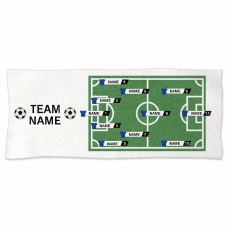 サッカーフィールドのイラストとチームメンバーの名前入りタオルをオリジナルでプリント　サッカー・スポーツのテンプレート　フェイスタオルの無料デザインテンプレート