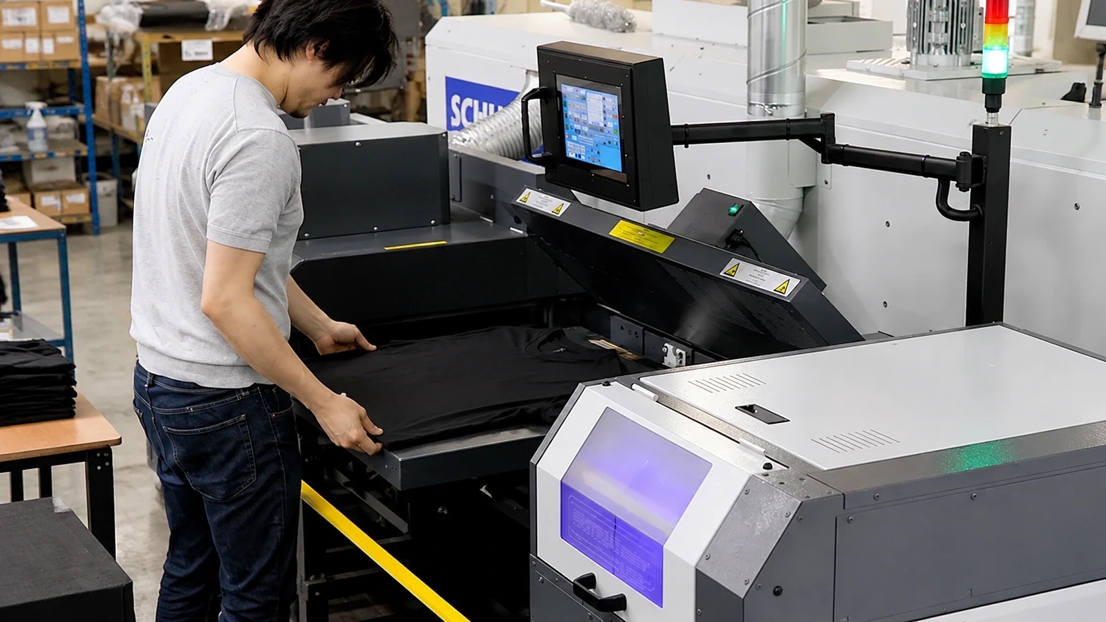 作業者が自動前処理機に黒いTシャツをセットするイメージ