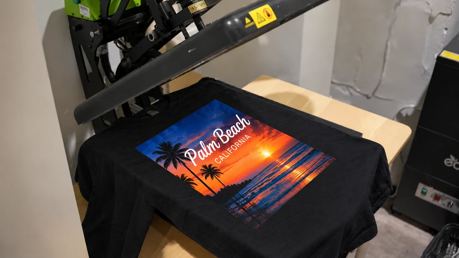 Palm Beachを印刷した黒いTシャツを熱プレス機にセットしたイメージ