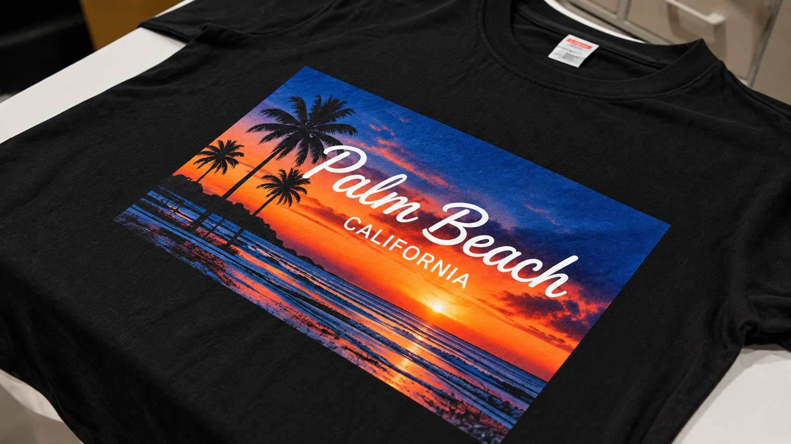 黒いTシャツにプリントしたPalm Beachの仕上がり確認イメージ