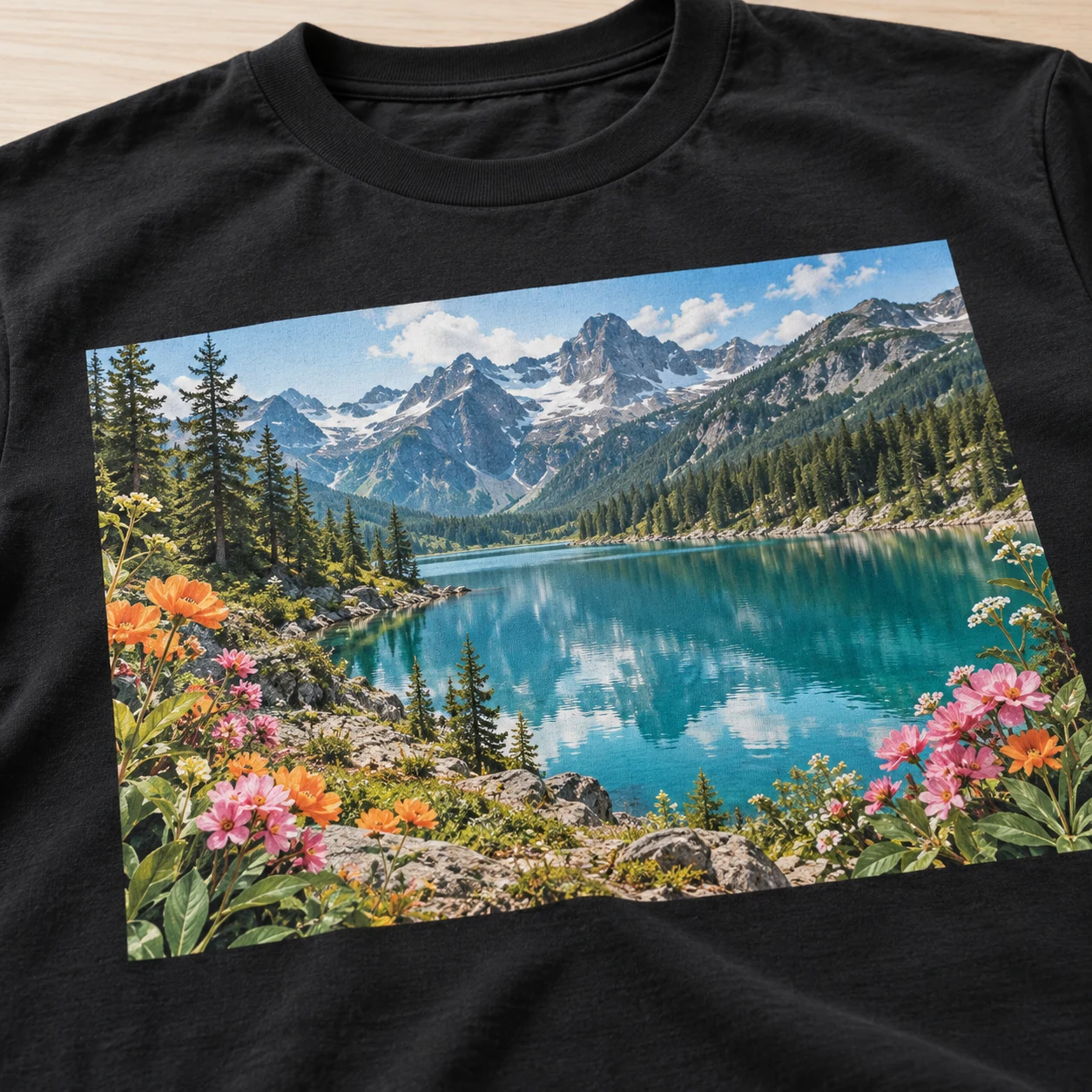 写真と多色の花のイラストを黒Tシャツに印刷したイメージ