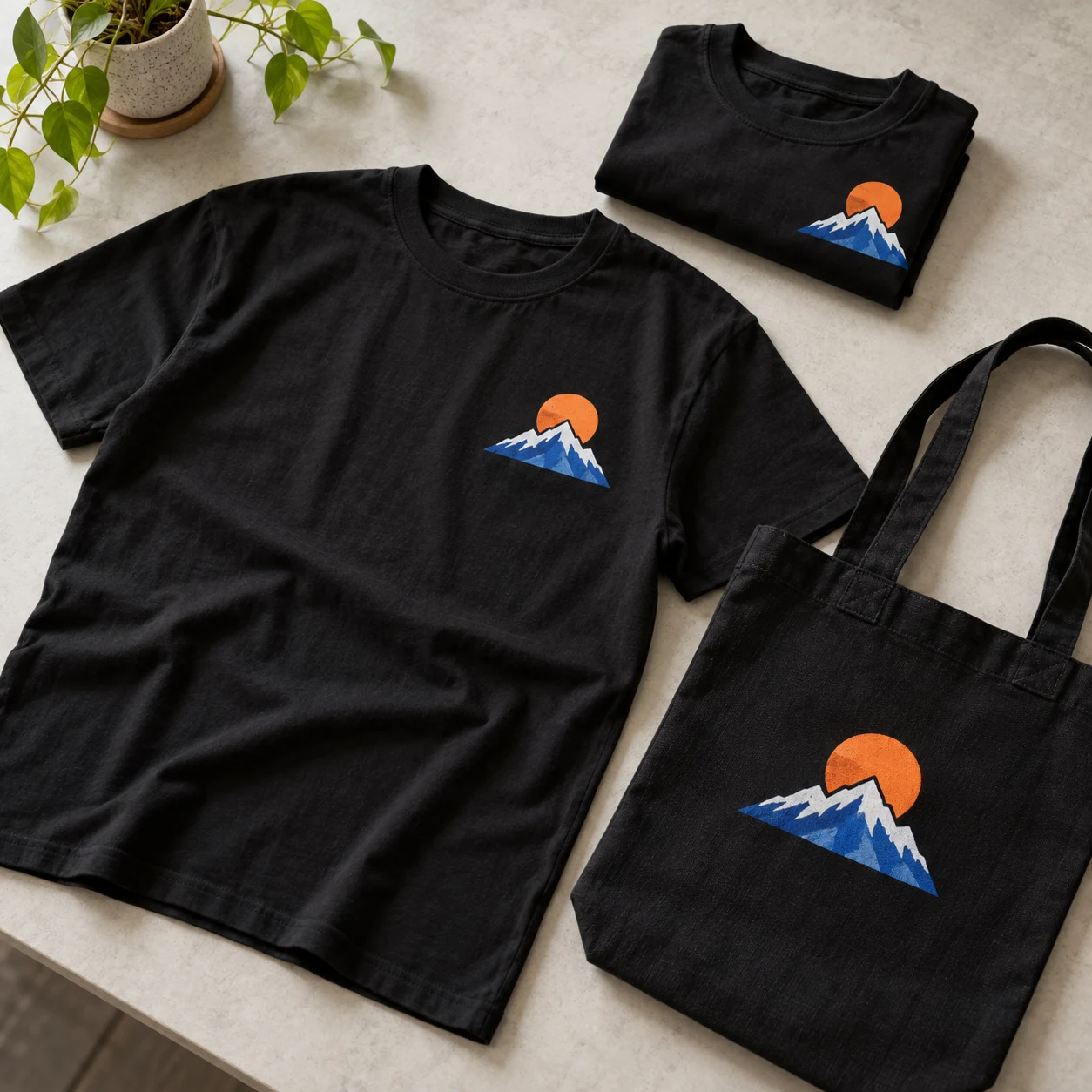 同じ山のデザインで少量制作した黒Tシャツとトートバッグのイメージ
