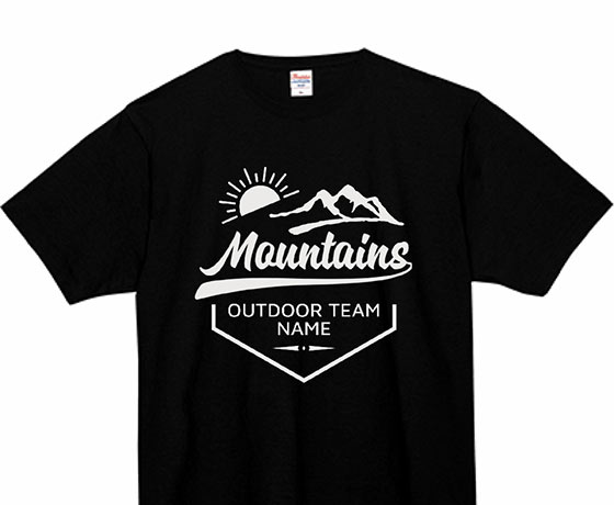 山のイラストとアウトドアのロゴ入りTシャツをシルクスクリーンでオリジナルでプリント　チームウェア・グッズのテンプレート