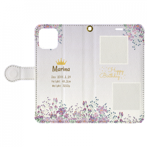 フェミニンな花の写真入れiPhone11Pro手帳型ケースをオリジナルでプリント 出産祝いテンプレート