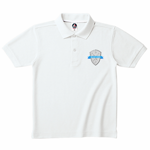 水色のポイントが爽やかな剣のエンブレム付ポロシャツをオリジナルでプリント チームウェアのテンプレート