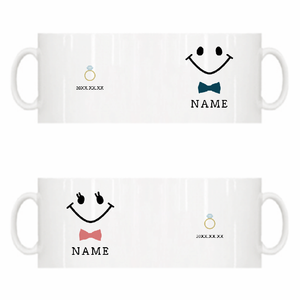 新郎新婦にスマイルマークと名前入りウェディングペアマグカップをオリジナルでプリント 結婚祝いのテンプレート