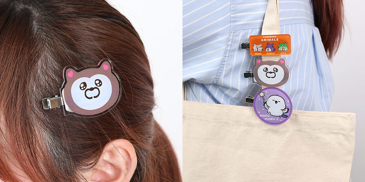 前髪クリップを髪に付けた状態・バッグに付けた状態