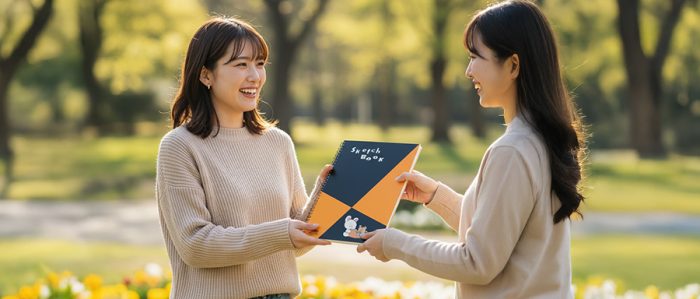 公園でオリジナルスケッチブックを友達にあげる女の子