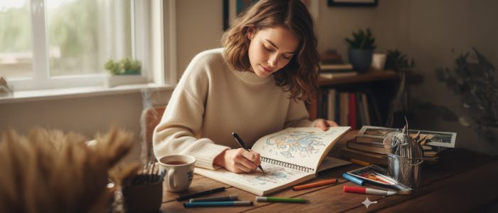 部屋の中でスケッチブックに絵を書く女性