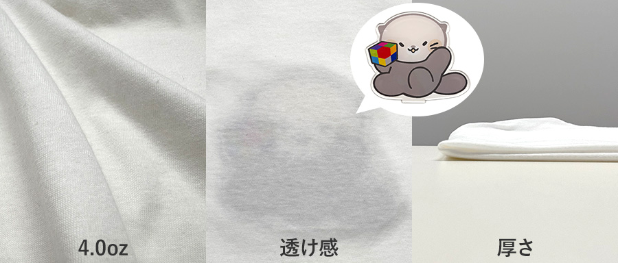 4.0ozのTシャツの生地感が分かる写真3枚横並び。左から生地に寄った写真、透け感の分かる写真、厚みが分かる写真