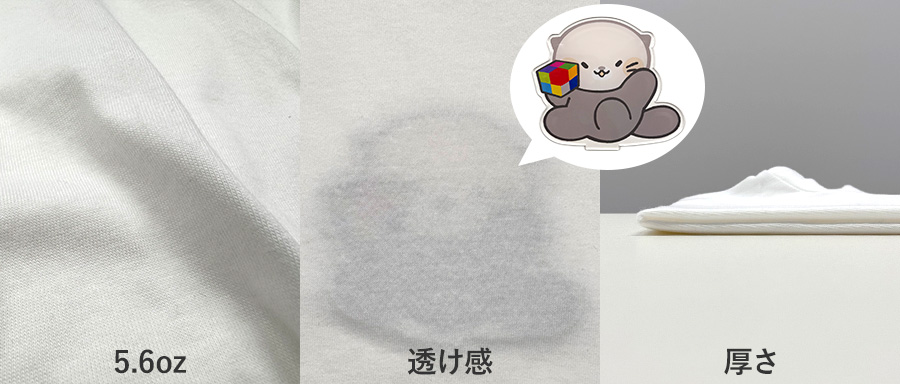 5.6ozのTシャツの生地感が分かる写真3枚横並び。左から生地に寄った写真、透け感の分かる写真、厚みが分かる写真