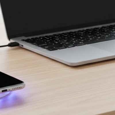 PCとその隣で充電しているスマホ