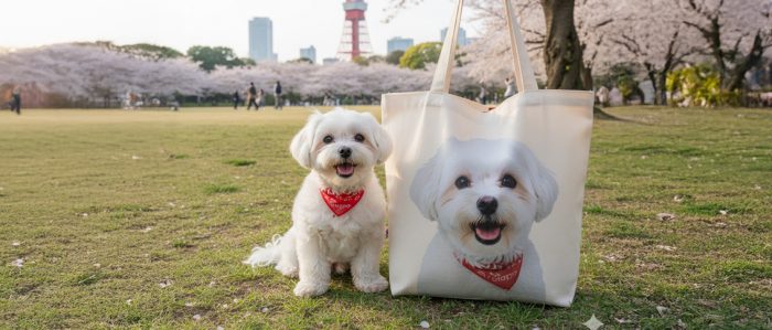 芝公園の芝生に置かれた、愛犬の写真入りカスタムトートバッグ