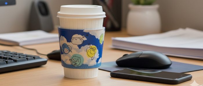 デスクの上に置いてあるコーヒーとカップスリーブ キーホルダー2