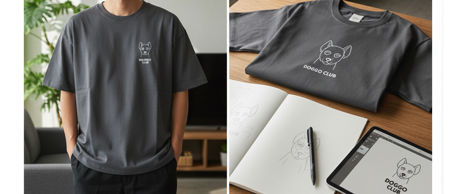 オリジナルデザインのビッグシルエットTシャツと、それを着用した男性のイメージ画像