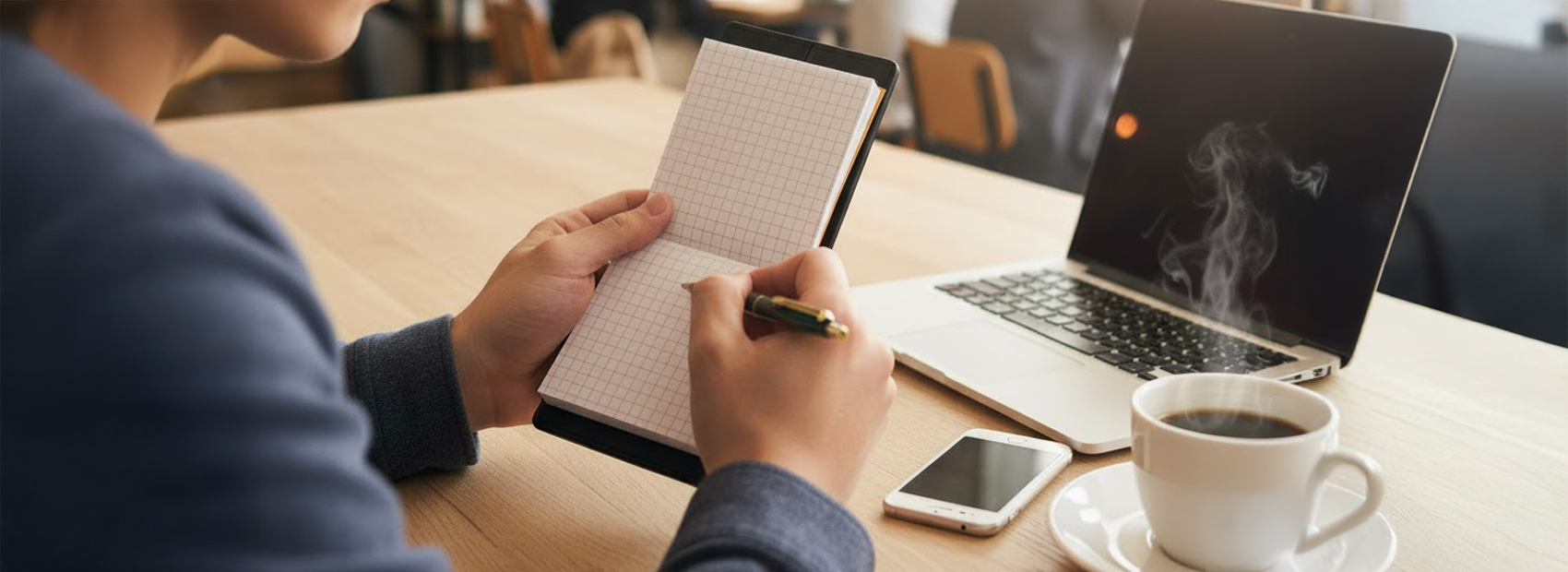 カフェで仕事や勉強中に、A7サイズの小さなメモ帳を使って記録を取る男性の手元。