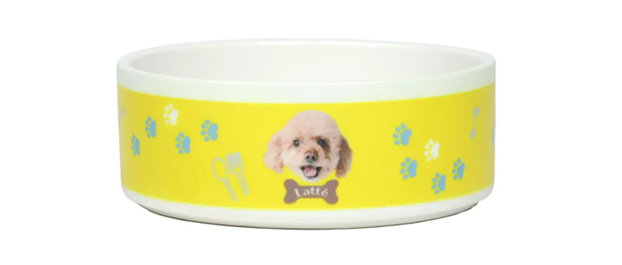 愛犬の写真と名前「Latte」をプリントした、黄色いオリジナルデザインのペット用フードボウル。肉球とスプーン・フォークのイラスト入り。