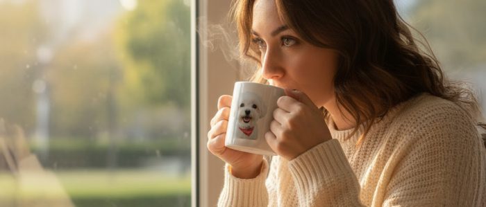 マルチーズの写真がプリントされたマグカップで、コーヒーを飲む女性の手元