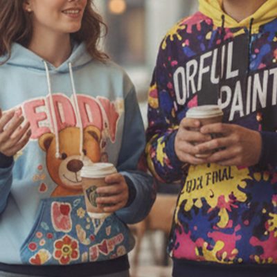フルグラフィックパーカーを着用した女性と男性がコーヒーを片手に楽しそうに話している全身ショット