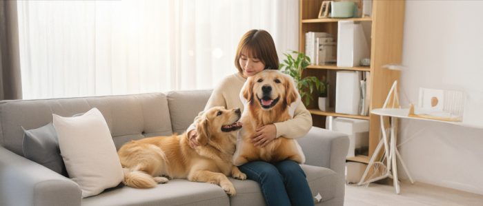 愛犬のゴールデンレトリバーの写真がプリントされたダイカットクッションをソファで抱えている