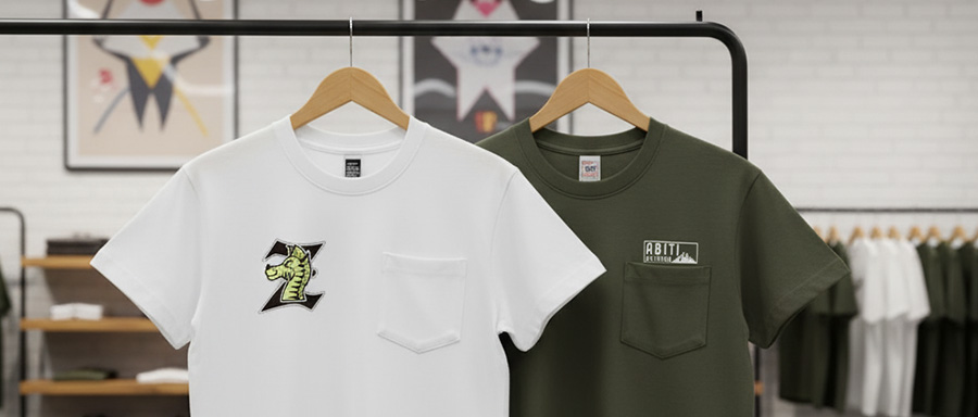 ポケットTシャツのロゴ配置の参考画像。白いTシャツはポケットの上に、カーキのTシャツは右胸にプリントされている