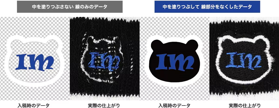 簡易ロゴ刺繍の中を塗りつぶさないデータと、中を塗りつぶしたデータの比較画像
