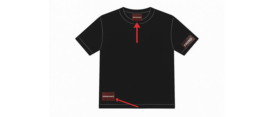 Tシャツのタグ取付位置(襟裏・裾・袖)を矢印で示した図解