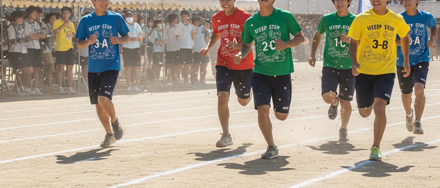 クラスTシャツを着た6人の男子高校生が運動会で徒競走をしている様子