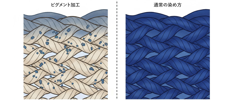 ピグメント加工と通常の染め方の違いを比較するイラスト。顔料が繊維の表面に付着する様子と、芯まで均一に染まる様子の違いを図解。