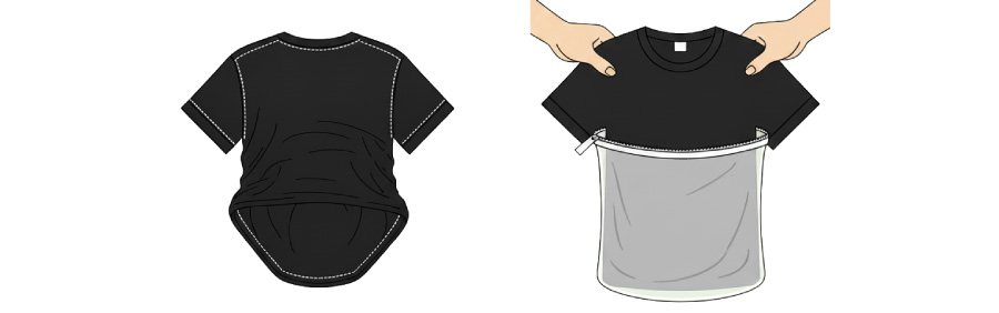 プリントTシャツの洗濯方法を示すイラスト。左はTシャツを裏返した様子、右は裏返したTシャツを洗濯ネットに入れている様子。