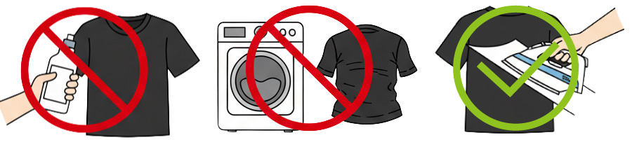プリントTシャツの扱いに関する注意点のイラスト。左から、漂白剤使用禁止、タンブラー乾燥機使用禁止、アイロンはあて布をして裏側からかける。