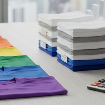 Tシャツの大量注文の見積もりをイメージした画像。デスクの上に置かれた電卓と、カラフルなTシャツ。