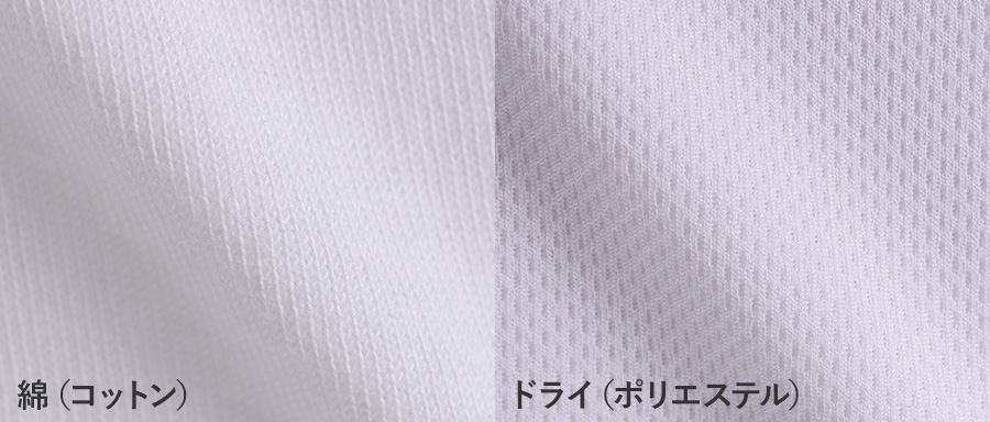 綿素材とドライ素材のTシャツの拡大写真を並べた画像