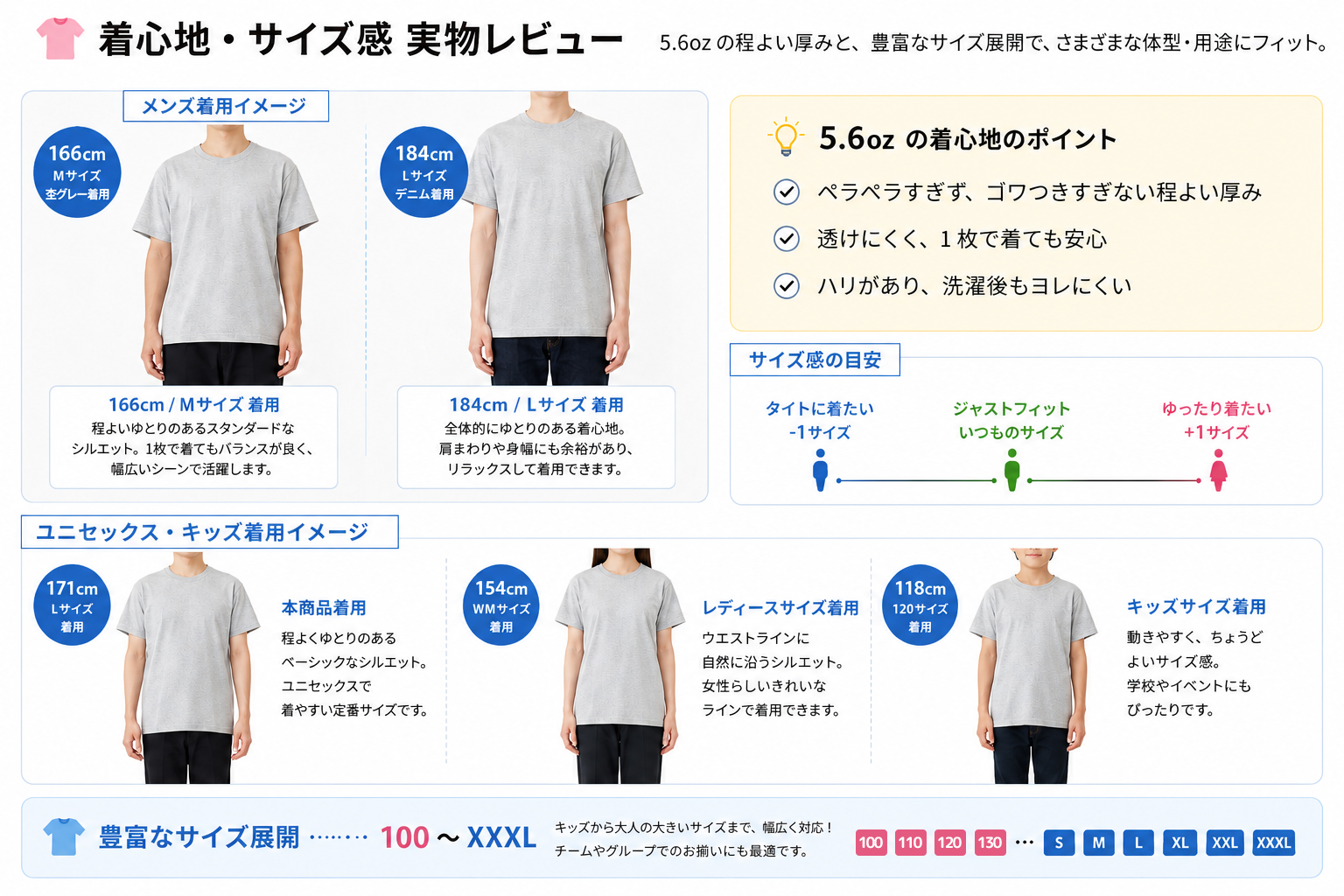 Printstar ヘビーウェイトTシャツの身長別サイズ感比較