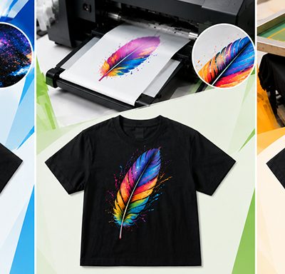 Three black T-shirts each featuring a different print—nebula space scene, multicolor feather, and orange tiger head—displayed with printing equipment in the background.