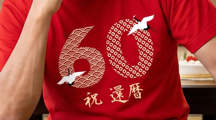 還暦祝いの赤いTシャツ写真