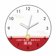 赤い和風デザインがはなやかな記念の写真プリント時計をオリジナルでプリント　二分の一成人式のテンプレート