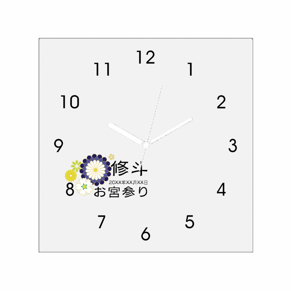 写真プリント時計 正方形 M 男の子に花飾りと名前入り写真プリント時計をオリジナルでプリント お宮参りのテンプレート作例詳細 オリジナルプリント