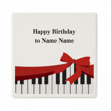 ピアノとリボンのイラスト入り誕生日祝いのコースターをオリジナルでプリント　誕生日祝いのテンプレート　白雲石吸水コースター角形の無料デザインテンプレート