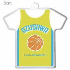 バスケットボールのイラスト入りTシャツ型の応援キーホルダーをオリジナルでプリント　スポーツ応援のテンプレート　Tシャツ型キーホルダー（クリア）の無料デザインテンプレート
