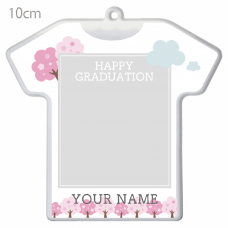 桜のイラストにメッセージを入れられる卒園記念の写真キーホルダーをオリジナルでプリント　卒園祝いのテンプレート　Tシャツ型キーホルダー（クリア）の無料デザインテンプレート
