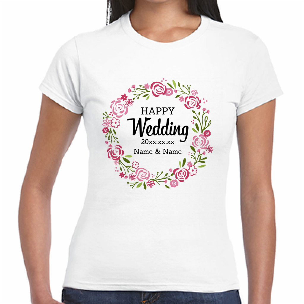 Gildan ジャパンフィットtシャツ レディース 花のリースがかわいいメッセージtシャツをオリジナルでプリント 結婚祝いのテンプレート 作例詳細 オリジナルプリント