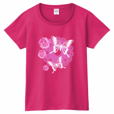 蝶々とバラのイラスト入りTシャツをオリジナルでプリント　レディースデザインのテンプレート　PrintstarヘビーウェイトTシャツ（レディース）の無料デザインテンプレート