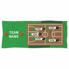 バスケットコートのイラストとチームメンバーの名前入りグリーンのタオルをオリジナルでプリント　バスケットボール・スポーツのテンプレート