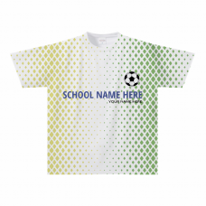 サッカーボールと背番号入りのカラフルなチームTシャツをオリジナルでプリント　運動系部活のテンプレート　オールオーバー　ドライTシャツの無料デザインテンプレート