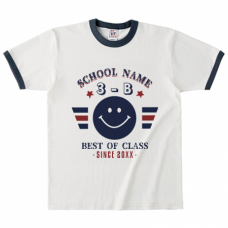 スマイルマークと英語のロゴ入りクラスTシャツをオリジナルでプリント　クラスTシャツのテンプレート　Cross Stitch オープンエンドマックスウェイト リンガーTシャツの無料デザインテンプレート
