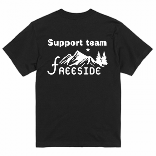 山のイラストをプリントしたサポートチームのオリジナルTシャツ