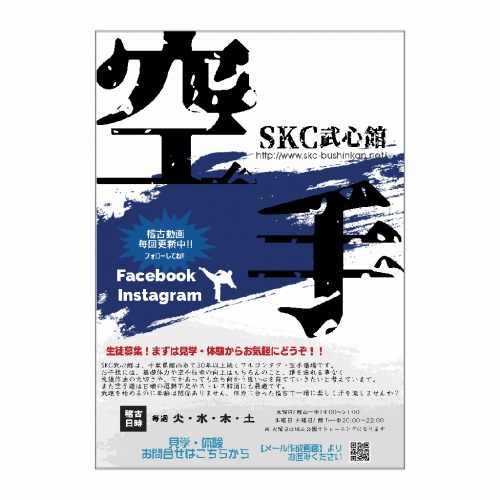 大胆な青の筆書きがかっこいい！空手チームのA3光沢紙ポスター