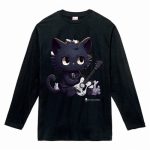 黒猫のキャラクターがプリントされたオリジナル長袖Tシャツ